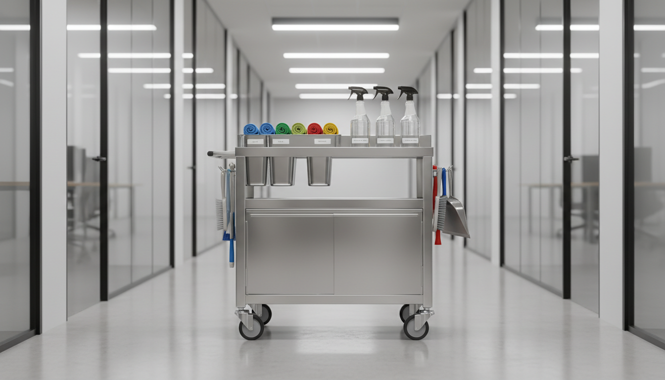 A pristine stainless steel commercial cleaning cart, meticulously organized with color-coded microfiber cloths, spray bottles filled with clear solutions, and a closed trash compartment. The cart stands on a flawlessly polished concrete office corridor, accented by glass partitions with subtle reflections. Overhead, bright yet diffused LED office lighting washes the scene in neutral tones, producing gentle highlights on the metal and soft shadows beneath the cart. The composition uses a centered, eye-level angle to emphasize order and symmetry, with a sharp focus throughout. The mood is one of reliability and orderliness, perfectly supporting a corporate, professional visual identity with photographic realism and a structured, clean-lined aesthetic.