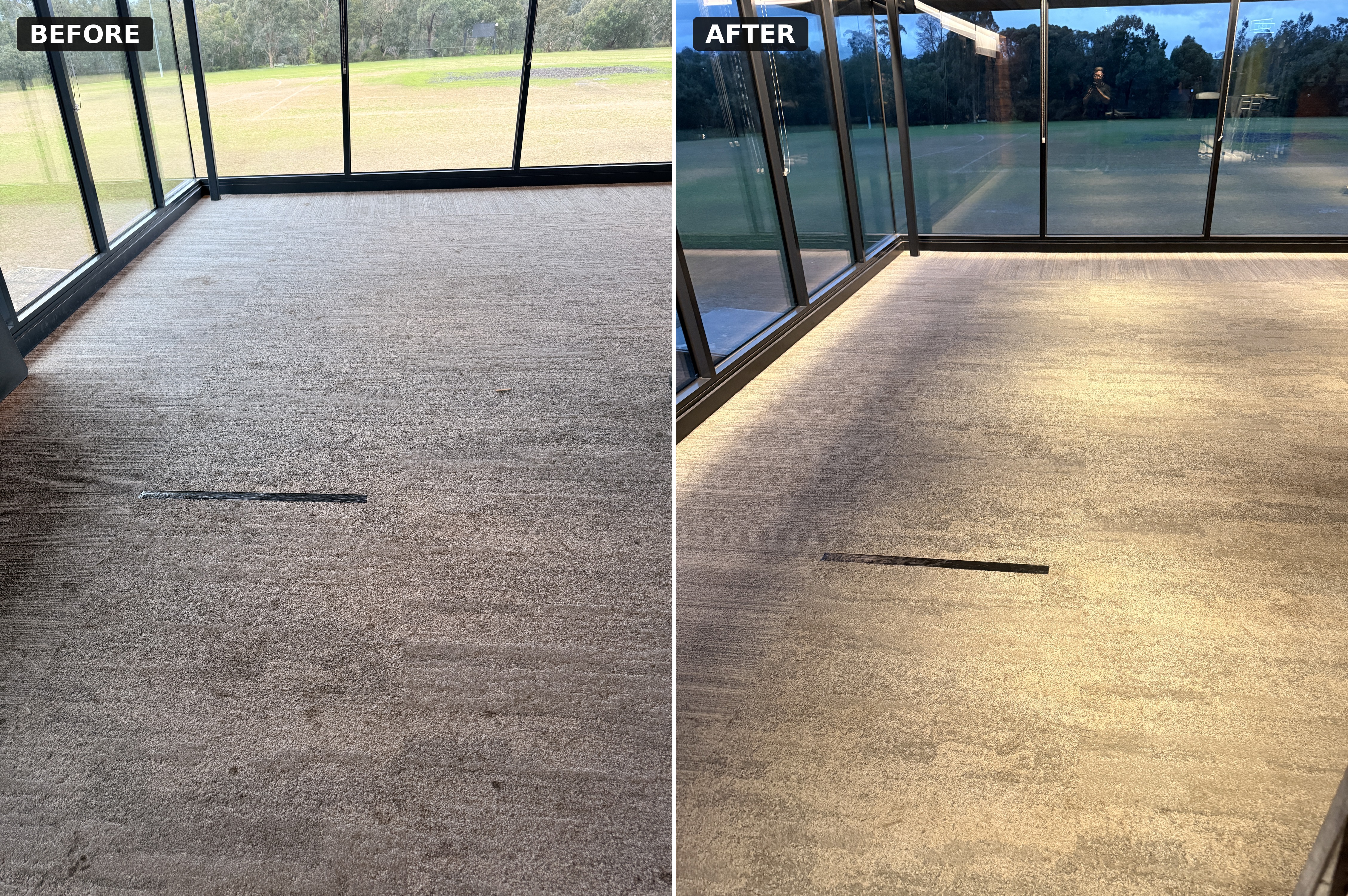 Commercial Cleaning Malvern East 2026 Before and after of the carpet in the window corner overlooking the oval at the D.W. Lucas Oval pavilion