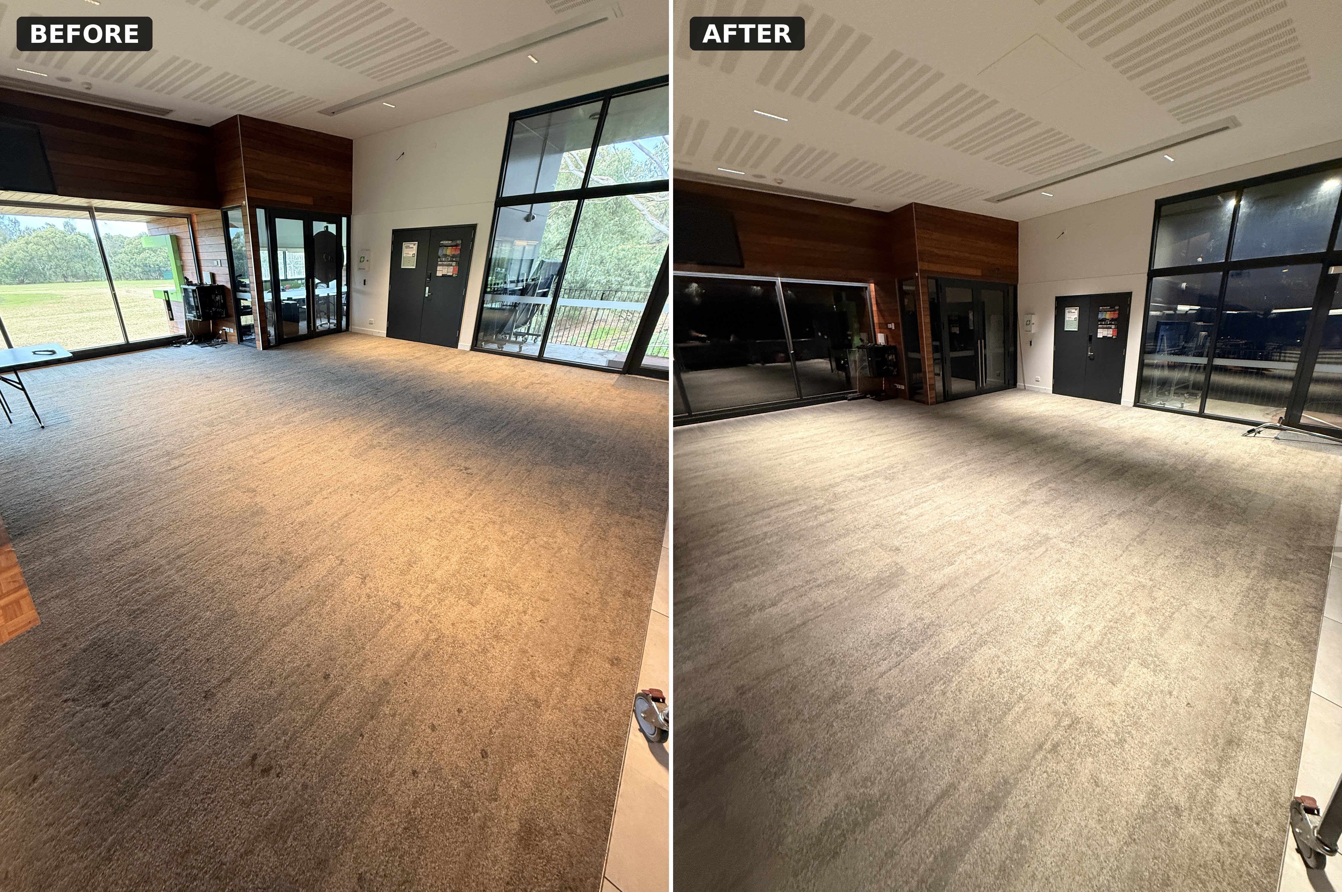 Commercial Carpet Cleaning Melbourne Before and after of the function room carpet at the D.W. Lucas Oval pavilion in Malvern East