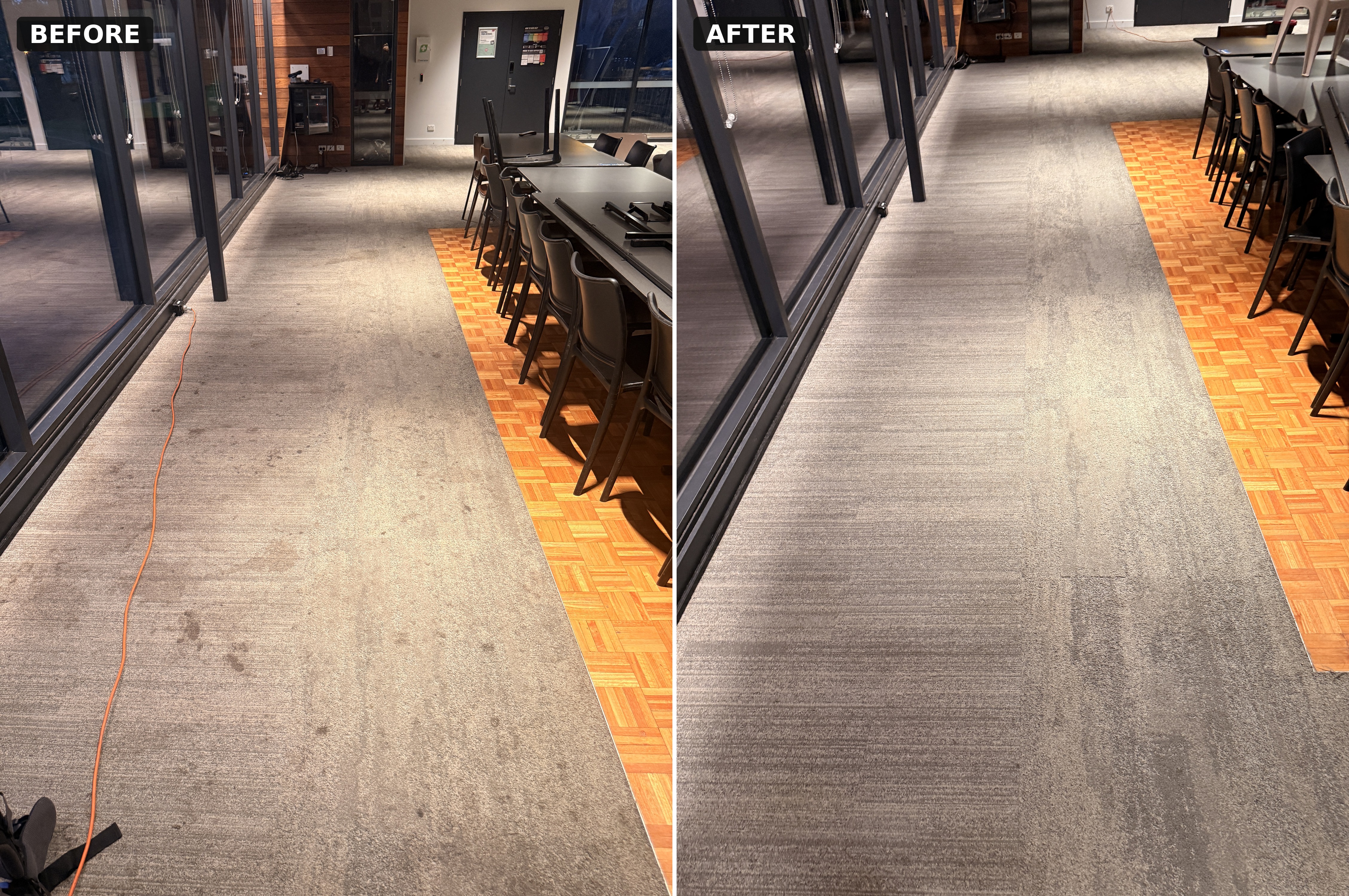Commercial Carpet Cleaning Melbourne Carpet runner along the dining walkway at the D.W. Lucas Oval pavilion, with a dark traffic lane and spots before and an even grey after