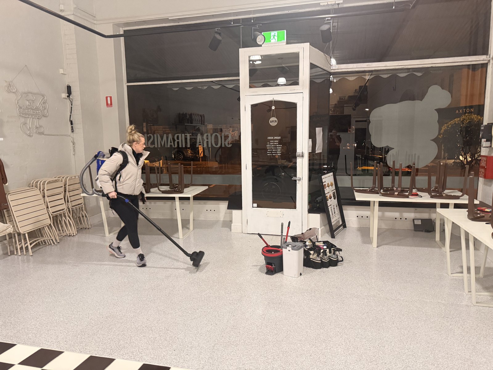 Vacuuming the front of house at Siora Tiramisu in Hawthorn East